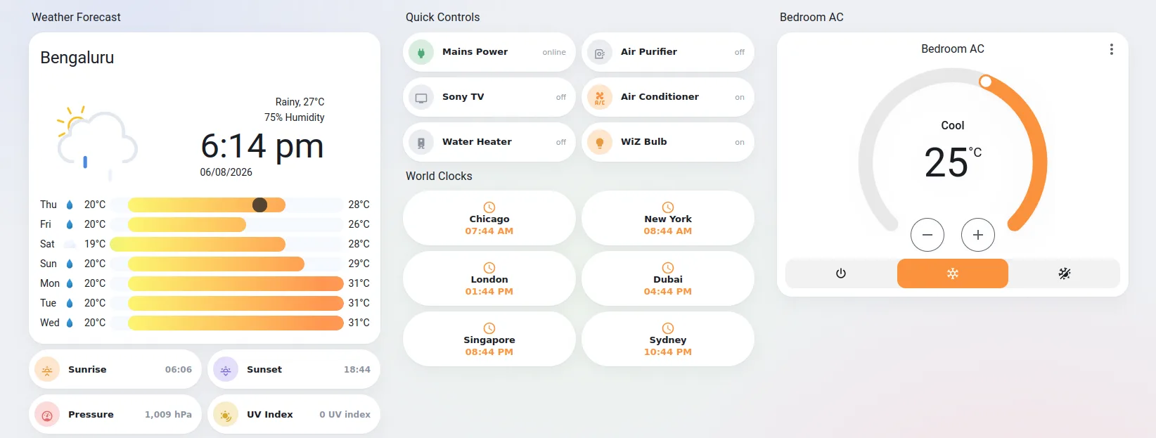 A home dashboard: a seven-day weather panel for Bengaluru beside toggles for mains power, a television, a water heater, an air purifier, an air conditioner and a lamp, with a temperature dial for the bedroom air conditioner.